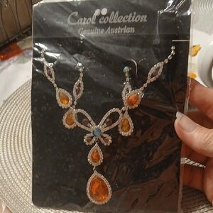 Genuine Austrian Orange Necklace And Matching Pierced Earrings
